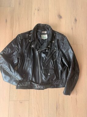Vintage Gino Leathers Black Biker Jacket Size 44 Leather Moto Belted